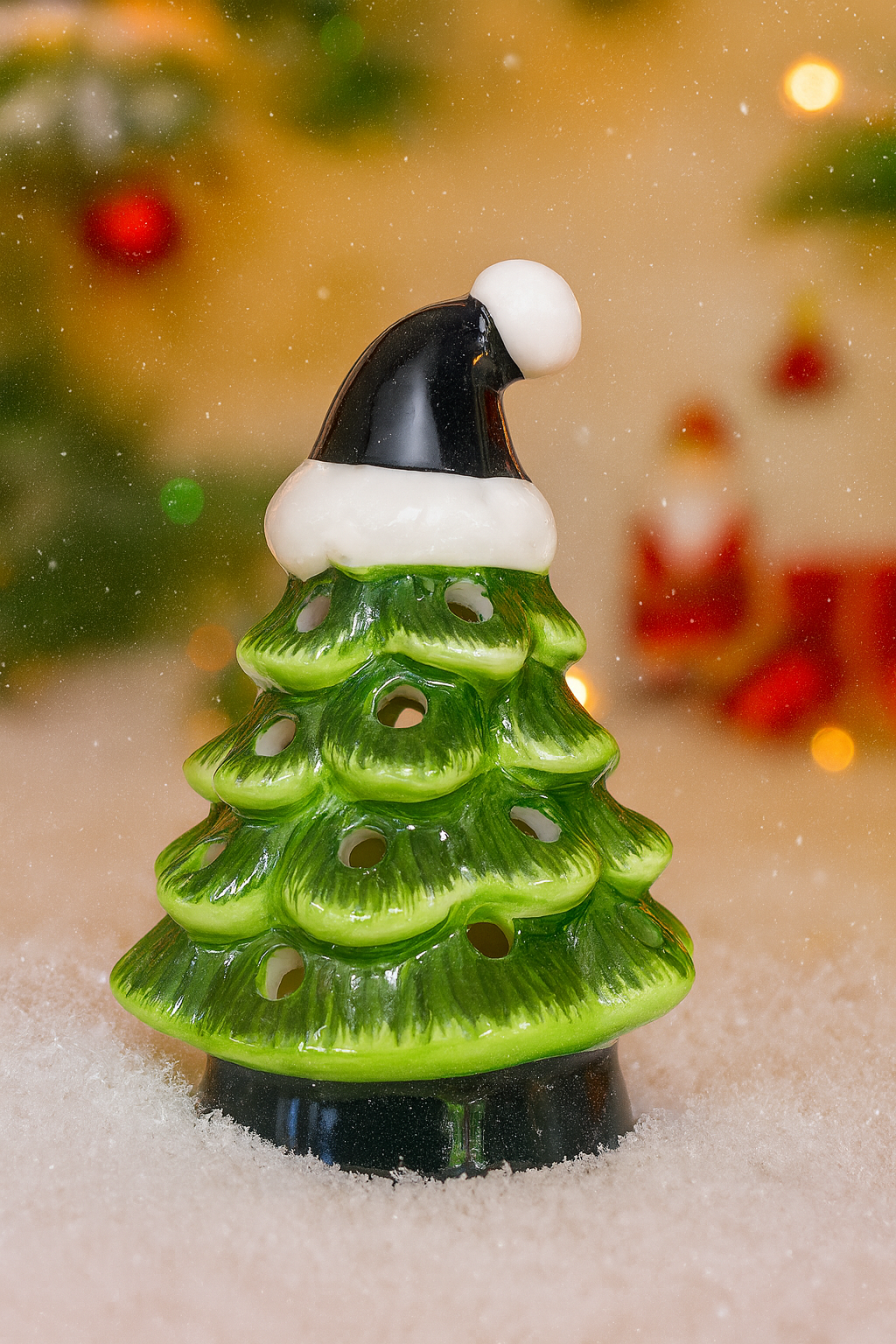 Green Ceramic Christmas Tree with Santa Hat